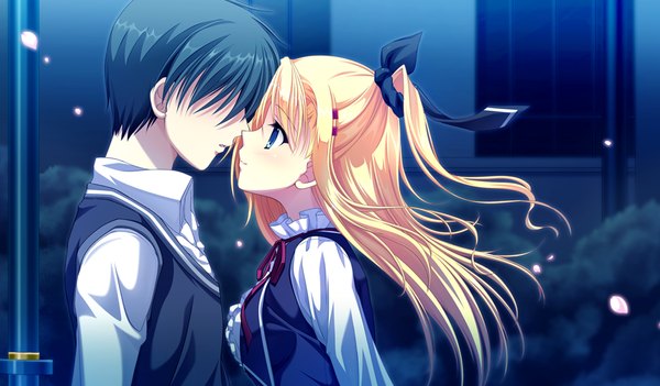 Anime picture 1024x600 with da capo iii morizono rikka tanihara natsuki long hair short hair blue eyes black hair blonde hair wide image game cg couple almost kiss girl boy