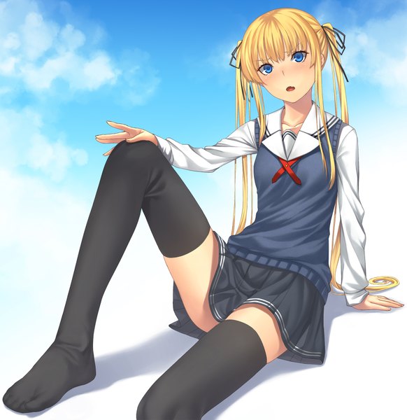 Anime picture 1941x2000 with saenai heroine no sodatekata a-1 pictures sawamura spencer eriri mikazuchi zeus single long hair tall image blush highres open mouth blue eyes blonde hair twintails sky cloud (clouds) legs girl thighhighs skirt black thighhighs