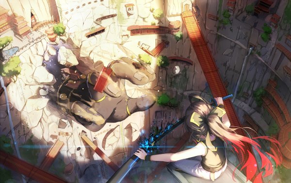 Anime picture 1400x880 with original qian ye (qys3) qys3 long hair brown hair sitting ahoge ponytail multicolored hair from above wind sleeveless gradient hair scenic giant girl bow weapon plant (plants) hair bow