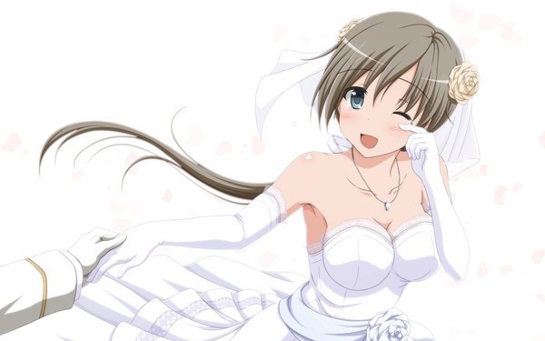 Anime picture 1920x1200 with kantai collection chitose seaplane tender shira-nyoro long hair blush highres blue eyes white background bare shoulders ponytail one eye closed grey hair wink wedding girl dress gloves petals elbow gloves pendant