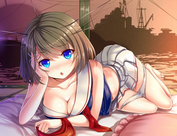Anime picture 1297x1000 with kantai collection maya heavy cruiser arudehido single looking at viewer blush short hair breasts open mouth blue eyes light erotic brown hair large breasts arm support :o reclining girl underwear panties sailor suit