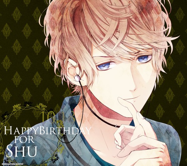 Anime picture 2160x1920 with diabolik lovers idea factory sakamaki shuu satoi (artist) single tall image highres short hair blue eyes blonde hair light smile finger to mouth portrait happy birthday green background boy choker headphones hand