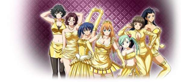 Anime picture 1201x544 with ikkitousen sonsaku hakufu shokatsuryou koumei chouhi ekitoku kakouen myousai bashoku youjou long hair looking at viewer short hair blue eyes light erotic black hair brown hair wide image twintails multiple girls brown eyes blue hair green hair orange hair