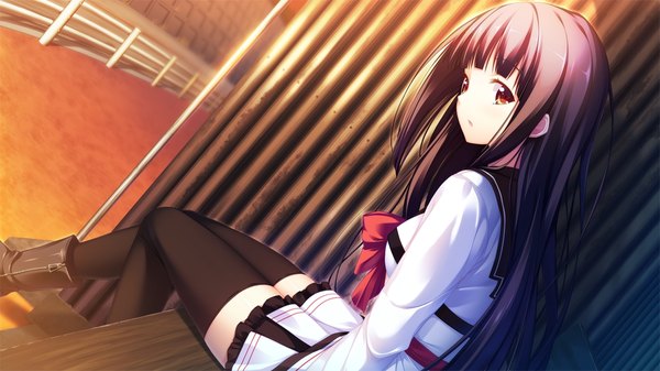 Anime picture 1280x720 with lovesick puppies karakouji orie sankuro single long hair looking at viewer open mouth wide image brown eyes blue hair game cg evening sunset girl thighhighs skirt uniform black thighhighs school uniform shirt