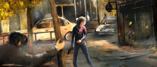 Anime picture 1500x644 with the last of us ellie short hair black hair wide image signed ponytail looking back sunlight multiple boys turning head sunbeam dirty post-apocalyptic girl boy weapon plant (plants) tree (trees) gun