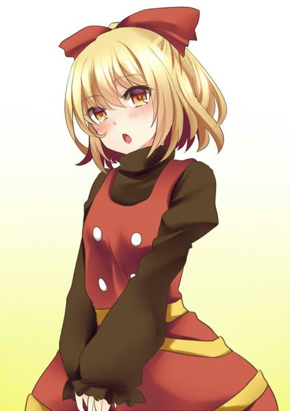 Anime picture 707x1000 with touhou kurodani yamame rimu (kingyo origin) single tall image looking at viewer blush fringe short hair open mouth simple background blonde hair red eyes ponytail gradient background girl dress bow hair bow turtleneck