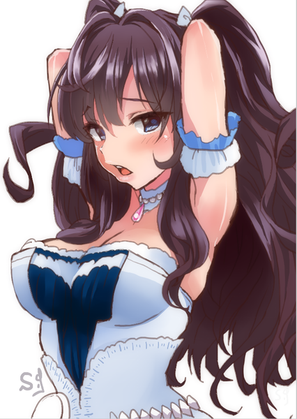 Anime picture 643x906 with idolmaster idolmaster cinderella girls idolmaster cinderella girls starlight stage ichinose shiki shift (0808) single long hair tall image looking at viewer blush fringe breasts open mouth blue eyes simple background hair between eyes large breasts white background bare shoulders signed