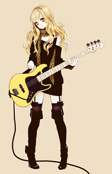 Anime picture 518x800 with original shikishima (eiri) single long hair tall image looking at viewer simple background blonde hair standing bare shoulders grey eyes wavy hair girl thighhighs scarf wire (wires) guitar bass guitar