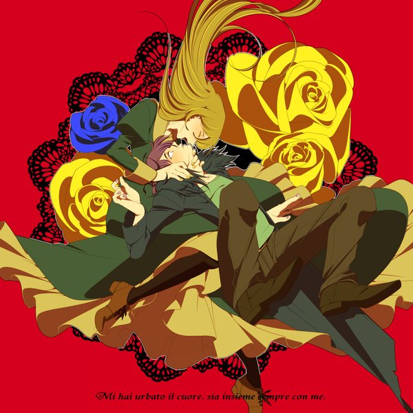 Anime picture 2000x2000 with ib (game) garry (ib) mary (ib) long hair highres short hair open mouth simple background blonde hair brown hair eyes closed inscription couple red background face to face almost kiss girl boy flower (flowers) rose (roses)