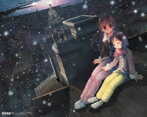 Anime picture 1280x1024 with original tagme (artist) long hair looking at viewer short hair red eyes sitting multiple girls sky eyes closed dutch angle snowing winter new year girl 2 girls plant (plants) tree (trees) socks jacket