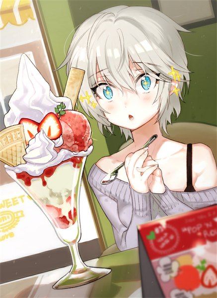 Anime picture 600x823 with idolmaster idolmaster cinderella girls anastasia (idolmaster) kissai single tall image looking at viewer fringe short hair open mouth blue eyes bare shoulders silver hair indoors girl food window sweets ice cream berry (berries)