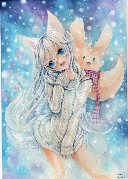 Anime picture 1080x1500 with original mosho single long hair tall image looking at viewer blush open mouth blue eyes signed animal ears silver hair snowing winter snow traditional media watercolor (medium) girl animal sweater
