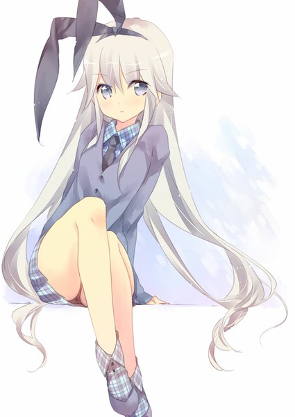 Anime picture 627x886 with kantai collection shimakaze destroyer ech single tall image looking at viewer blue eyes light erotic simple background sitting silver hair very long hair alternate costume legs plaid skirt girl skirt bow hair bow