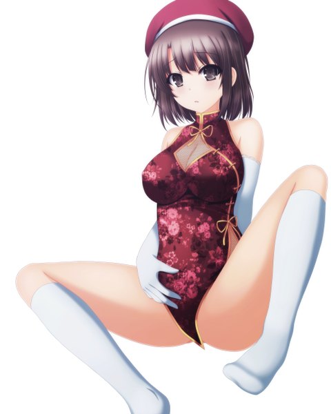 Anime picture 4000x5000 with saenai heroine no sodatekata a-1 pictures katou megumi toyokawa itsuki (p mayuhime) single tall image looking at viewer highres short hair breasts light erotic black hair simple background large breasts white background absurdres cleavage traditional clothes black eyes spread legs
