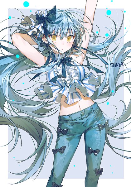 Anime picture 700x1000 with original sorolp single tall image looking at viewer fringe simple background hair between eyes signed yellow eyes blue hair very long hair arm up grey background arms up midriff leaning sleeveless border arm behind head