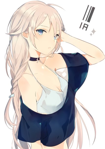 Anime picture 618x870 with vocaloid ia (vocaloid) lpip single long hair tall image looking at viewer blush blue eyes simple background blonde hair white background bare shoulders payot cleavage upper body ahoge braid (braids) parted lips short sleeves