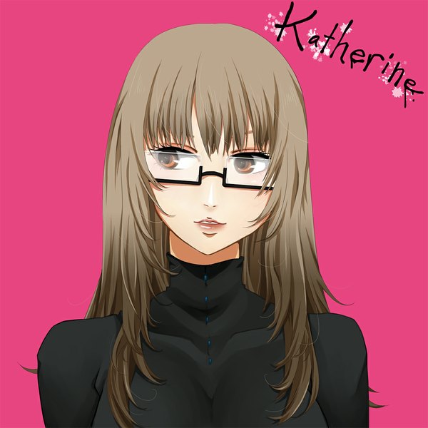 Anime picture 1000x1000 with catherine (game) katherine mcbride single long hair simple background blonde hair brown eyes inscription pink background girl glasses