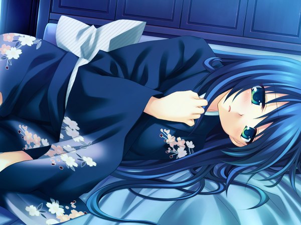 Anime picture 1600x1200 with hanafubuki amafuki setsuka blush green eyes blue hair game cg japanese clothes girl kimono