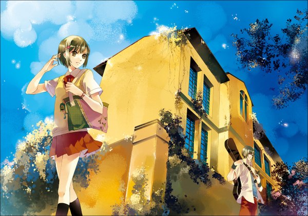 Anime picture 1247x876 with original vocaloid hatsune miku hasaki (pixiv) short hair brown eyes sky cloud (clouds) green hair sunlight from below girl boy uniform hair ornament bow plant (plants) school uniform tree (trees) bracelet