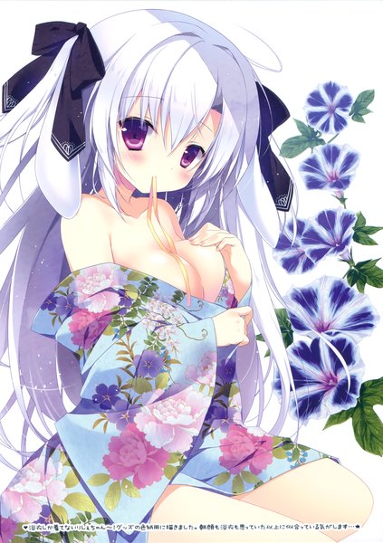 Anime picture 2325x3300 with original miyasaka miyu single long hair tall image blush highres light erotic purple eyes holding white hair traditional clothes japanese clothes scan mouth hold girl flower (flowers) bow hair bow kimono