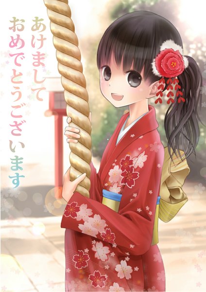 Anime picture 827x1169 with original chikuwa (odennabe) single long hair tall image looking at viewer open mouth black hair ponytail traditional clothes japanese clothes hair flower black eyes new year happy new year akeome girl hair ornament flower (flowers) kimono