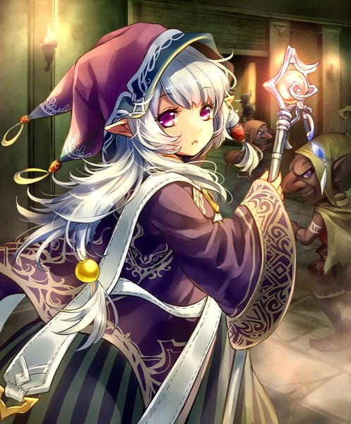 Anime picture 848x1024 with shingeki no bahamut shadowverse goblin (shadowverse) goblin mage tagme (artist) long hair tall image fringe smile standing purple eyes holding silver hair ahoge indoors looking back pointy ears official art multiple boys :o