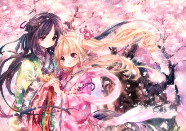 Anime picture 1600x1130 with onineko long hair blush blonde hair smile brown hair twintails multiple girls pink hair japanese clothes hair flower cherry blossoms girl hair ornament flower (flowers) ribbon (ribbons) 2 girls plant (plants) petals tree (trees)