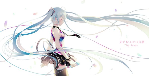 Anime picture 1600x814 with vocaloid hatsune miku sanaa single blush fringe breasts wide image white background twintails holding signed eyes closed very long hair profile aqua hair zettai ryouiki floating hair girl thighhighs