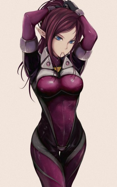 Anime picture 761x1212 with macross macross delta mirage farina jenius noo-chan (no chan) single long hair tall image looking at viewer breasts blue eyes light erotic simple background large breasts standing holding payot purple hair bent knee (knees) ponytail pointy ears