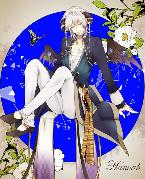 Anime picture 1100x1353 with kirie-110 single tall image short hair sitting white hair traditional clothes horn (horns) character names looking down black wings boy flower (flowers) weapon wings insect butterfly dagger