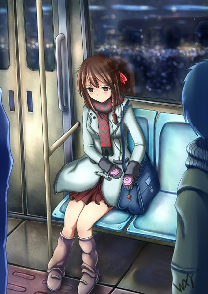 Anime picture 1753x2480 with original zen (weishanzhe) tall image highres short hair red eyes brown hair sitting night girl gloves scarf bag coat winter clothes train