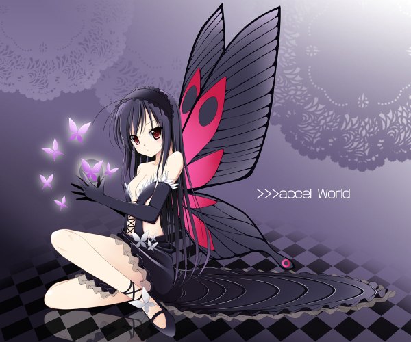 Anime picture 1200x1000 with accel world sunrise (studio) kuroyukihime tomosuke single long hair looking at viewer fringe black hair bare shoulders brown eyes :o checkered floor insect wings butterfly wings girl dress gloves hair ornament wings