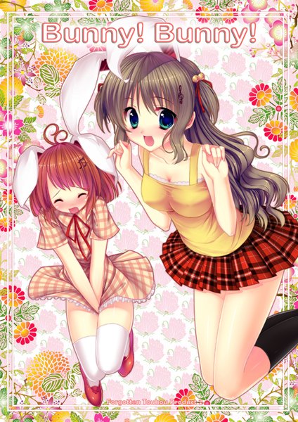 Anime picture 1024x1448 with original caidychen tall image looking at viewer blush open mouth smile brown hair multiple girls green eyes ahoge eyes closed orange hair inscription bunny ears framed treble clef girl thighhighs dress