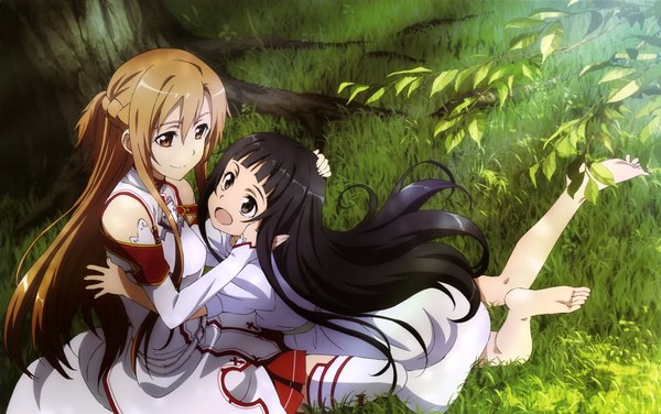 Anime picture 4060x2547 with sword art online a-1 pictures yuuki asuna yui (sao) kawakami tetsuya long hair highres open mouth black hair smile brown hair multiple girls brown eyes absurdres black eyes scan official art girl thighhighs dress