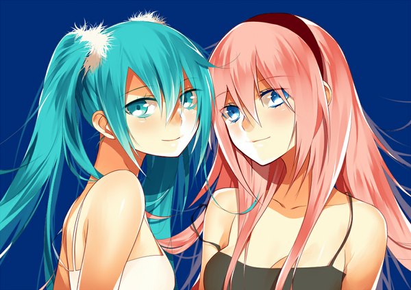 Anime picture 1000x707 with vocaloid hatsune miku megurine luka izumigin long hair looking at viewer blue eyes simple background twintails multiple girls pink hair aqua eyes aqua hair blue background girl dress 2 girls hairband
