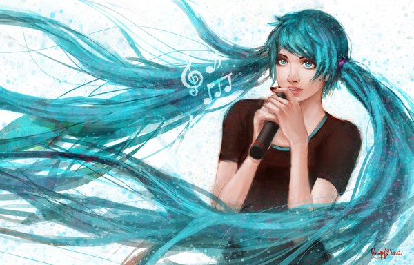 Anime picture 3534x2262 with vocaloid hatsune miku single looking at viewer highres absurdres very long hair nail polish aqua eyes realistic aqua hair inscription lipstick girl musical note