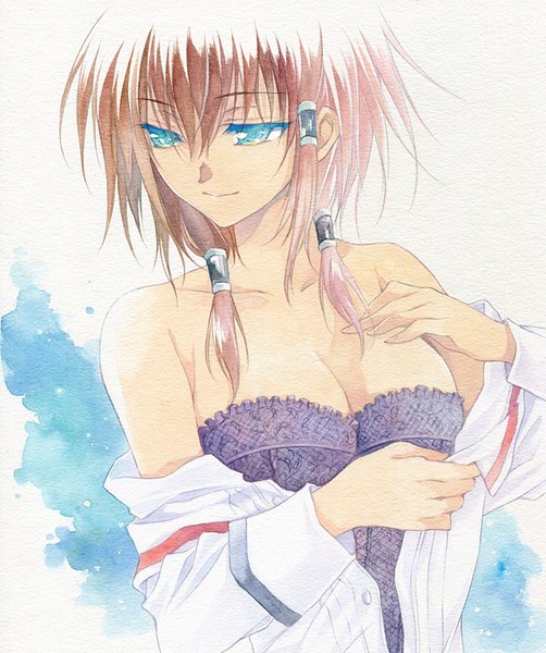Anime picture 680x813 with otome wa boku ni koishiteru otome wa boku ni koishiteru futari no elder kayleigh glanzelius agahari single long hair tall image blue eyes light erotic smile brown hair white background looking away undressing traditional media watercolor (medium) girl hair ornament corset