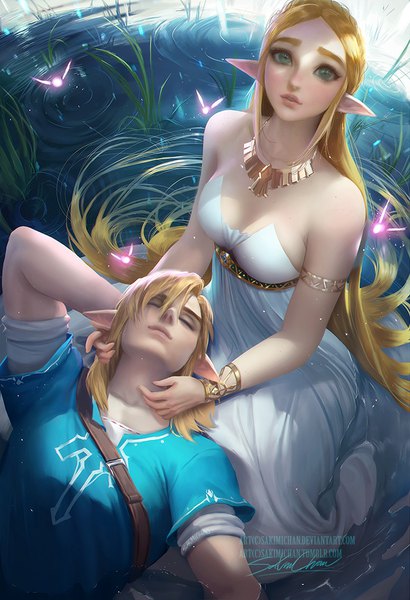 Anime picture 684x1000 with the legend of zelda the legend of zelda: breath of the wild princess zelda link sakimichan tall image looking at viewer fringe short hair blonde hair hair between eyes sitting bare shoulders green eyes signed cleavage lying eyes closed very long hair parted lips