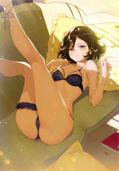 Anime picture 2680x3826 with original arutera single tall image looking at viewer blush fringe highres short hair breasts light erotic black hair hair between eyes ass indoors lying sunlight on back grey eyes underwear only