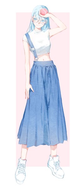 Anime picture 1397x3129 with original moss (2225028) single long hair tall image fringe blue eyes smile standing blue hair looking away full body blunt bangs arm up bare belly fashion zodiac aquarius (zodiac) girl skirt