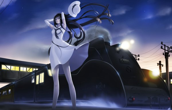 Anime picture 1600x1028 with original mc4 single long hair fringe black hair standing sky cloud (clouds) wind weightlessness girl dress gloves hat elbow gloves train