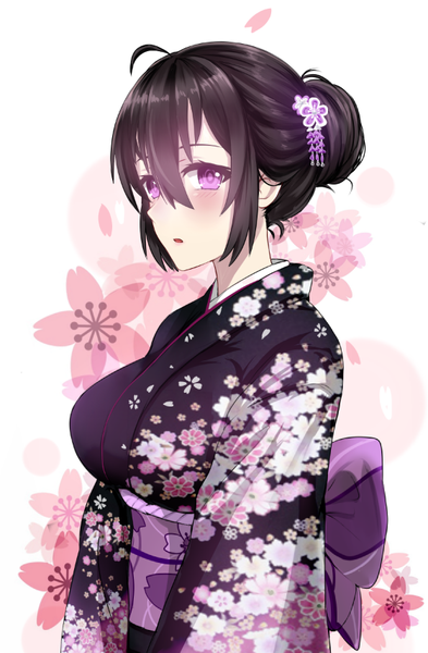 Anime picture 560x853 with original miyaura sanshio beifeng han single long hair tall image looking at viewer blush fringe open mouth black hair hair between eyes purple eyes payot upper body ahoge long sleeves traditional clothes japanese clothes hair flower