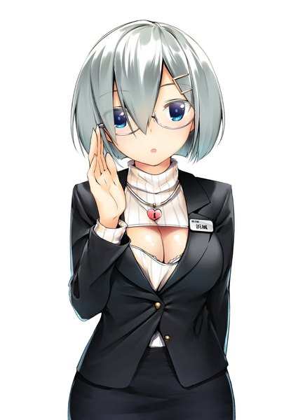 Anime picture 752x1062 with kantai collection hamakaze destroyer pyz (cath x tech) single tall image looking at viewer short hair blue eyes cleavage silver hair girl skirt hair ornament glasses jacket hairclip pendant sweater turtleneck open-chest turtleneck