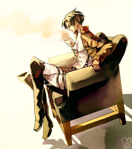 Anime picture 1400x1575 with shingeki no kyojin production i.g levi (rivaille) sa-dui single tall image looking at viewer short hair black hair simple background sitting profile black eyes open clothes open jacket shadow crossed legs boy shirt boots