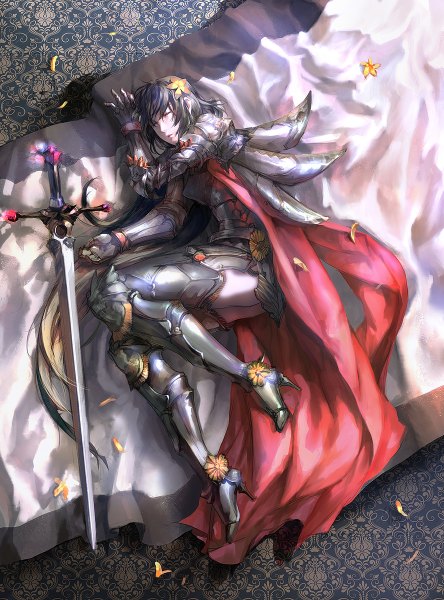 Anime picture 888x1200 with original kzcjimmy single long hair tall image open mouth black hair brown hair lying eyes closed multicolored hair hair flower sunlight two-tone hair high heels sleeping girl hair ornament flower (flowers) weapon