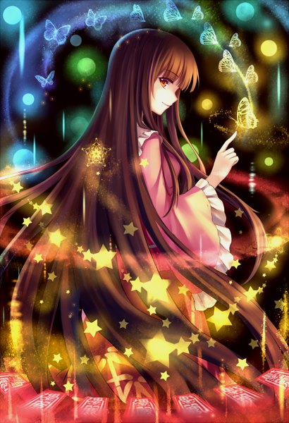 Anime picture 900x1314 with touhou houraisan kaguya mirror (xilu4) single long hair tall image red eyes brown hair profile girl dress star (symbol) insect butterfly
