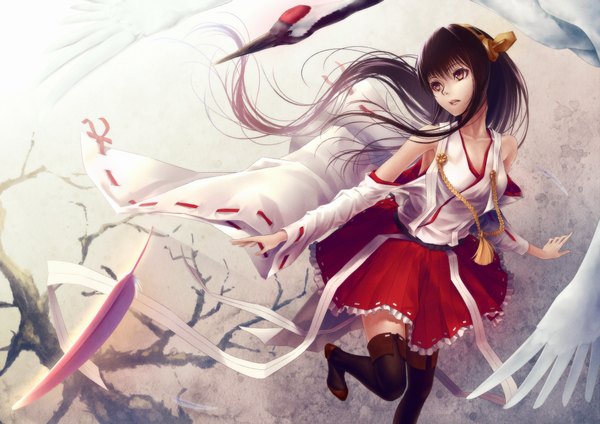 Anime picture 2000x1414 with kantai collection haruna battleship oki (koi0koi) single long hair highres open mouth black hair bare shoulders brown eyes looking away traditional clothes girl hair ornament detached sleeves animal bird (birds) thigh boots feather (feathers)