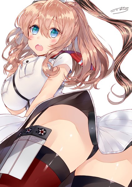 Anime picture 1060x1500 with kantai collection saratoga (kantai collection) kou mashiro single long hair tall image looking at viewer blush breasts open mouth blue eyes light erotic brown hair large breasts white background ponytail pantyshot girl thighhighs underwear
