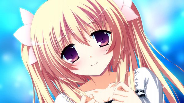 Anime picture 1280x720 with fortissimo//akkord:bsusvier (game) sakura (fortissimo) ooba kagerou long hair looking at viewer blonde hair red eyes wide image game cg face girl