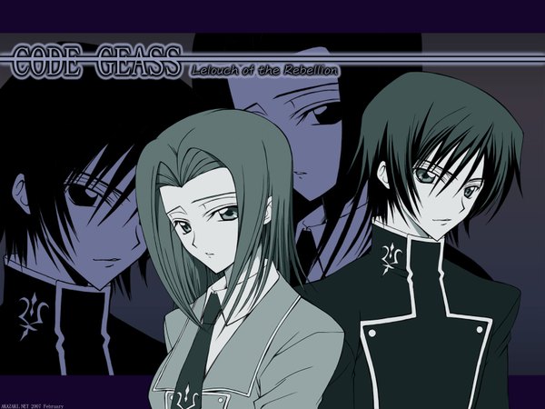 Anime picture 1600x1200 with code geass sunrise (studio) lelouch lamperouge kallen stadtfeld akazaki yasuma looking at viewer short hair black hair signed silver hair upper body grey hair wallpaper copyright name vector third-party edit zoom layer polychromatic boy necktie